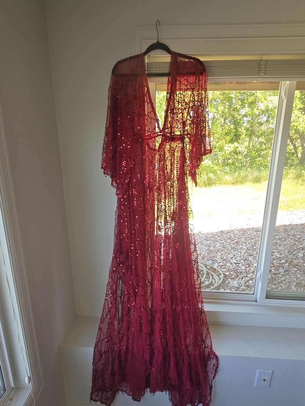 Sequined Sheer Maxi Kimono - Deep Red